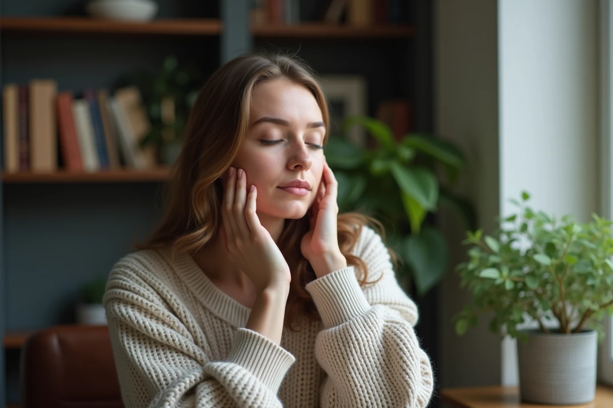 Femme pensante en intérieur avec livres et plantes