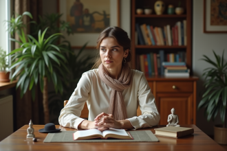 Femme méditant avec symboles religieux et livres