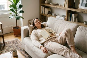 Femme se reposant sur un canapé en lin dans un salon cosy, illustrant la nécessité de faire une pause après les excès du quotidien