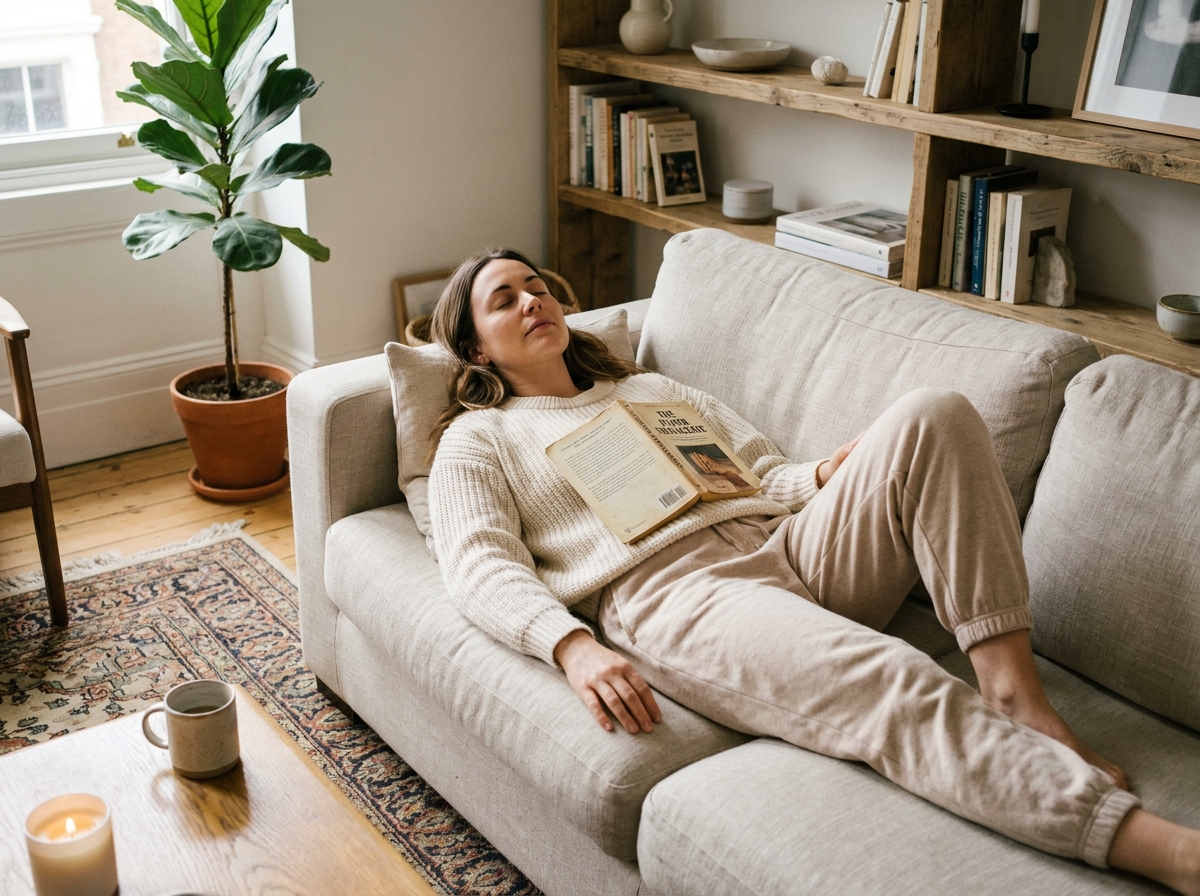 Femme se reposant sur un canapé en lin dans un salon cosy, illustrant la nécessité de faire une pause après les excès du quotidien