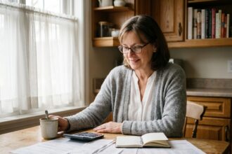 Femme retraitée consultant ses documents financiers et d'épargne à la table de sa cuisine
