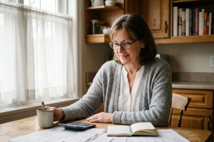 Femme retraitée consultant ses documents financiers et d'épargne à la table de sa cuisine