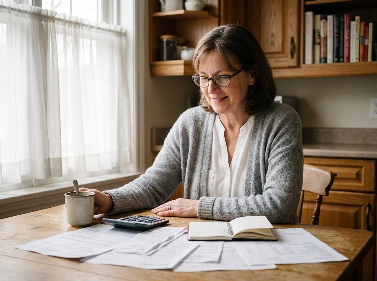 Femme retraitée consultant ses documents financiers et d'épargne à la table de sa cuisine