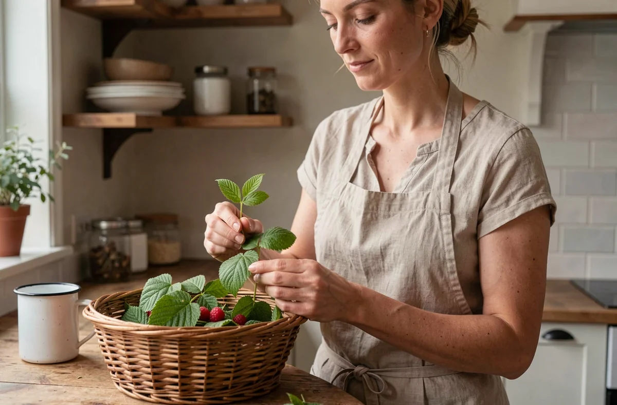 Femme triant des feuilles de framboisier fraîches dans une cuisine rustique dans le cadre d'un rituel bien-être naturel