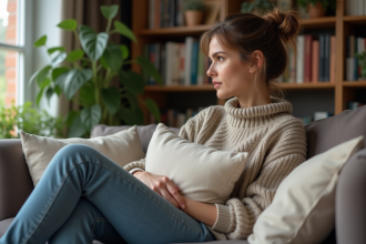 Femme pensant dans un salon cosy avec livres et plantes