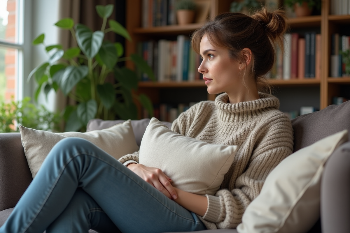 Femme pensant dans un salon cosy avec livres et plantes
