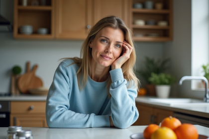 Femme pensive dans sa cuisine pour l article sur la sante