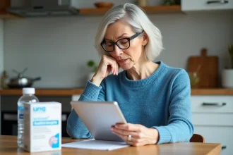 Femme pensant avec suppl&eacute;ment naturel et eau dans la cuisine