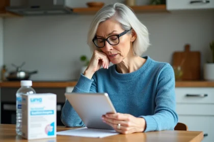 Femme pensant avec suppl&eacute;ment naturel et eau dans la cuisine