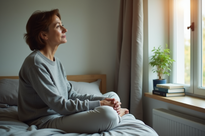 Femme assise sur le lit dans une chambre simple et lumineuse