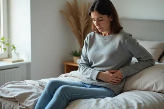 Femme assise sur le lit avec douleur au côté