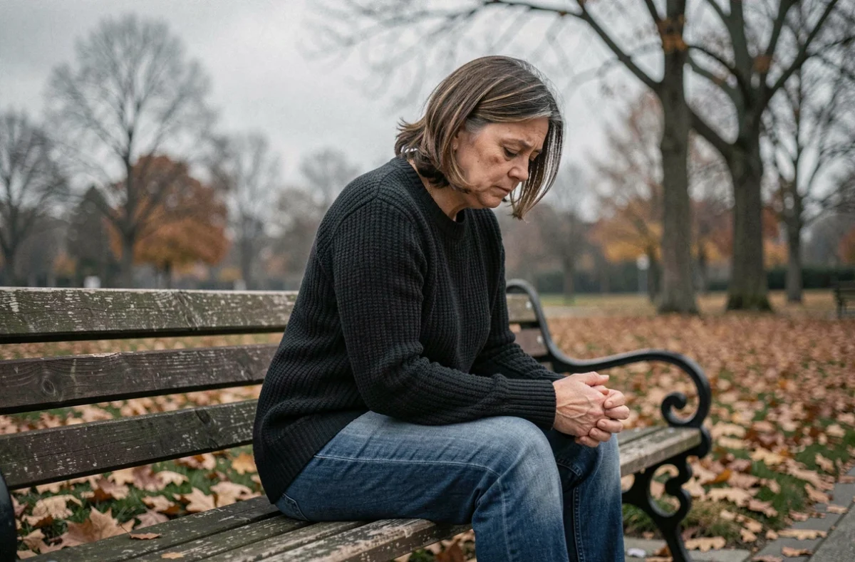 Femme assise seule sur un banc de parc en automne, en posture de recueillement et de tristesse