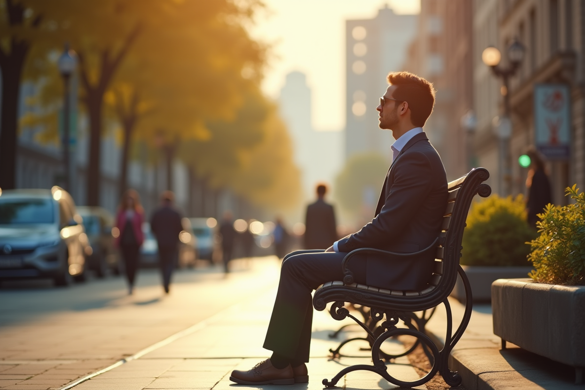 Femme seule assise sur un banc en ville regardant au loin en journée