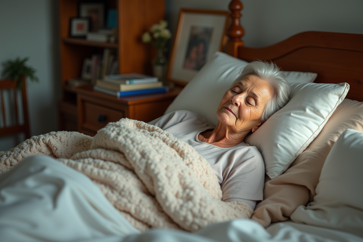 Femme âgée dormant paisiblement dans sa chambre chaleureuse
