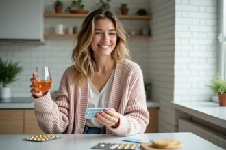Femme souriante en cuisine avec capsule et verre d'eau