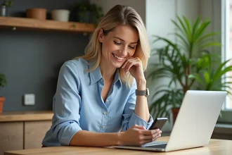 Femme souriante utilisant l'application Pro BTP Santé à la maison