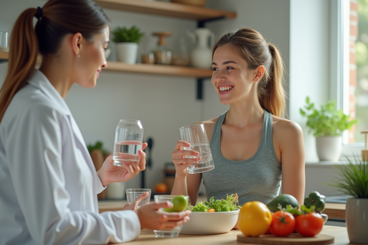 Jeune femme en tenue de sport consulte une nutritionniste dans une cuisine lumineuse