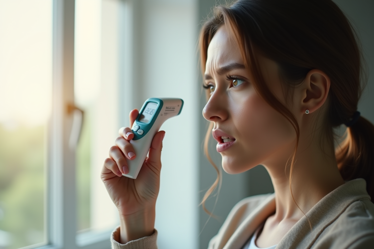Femme inquiète vérifiant sa température avec un thermomètre numérique