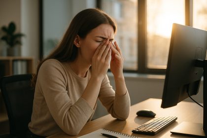 Jeune femme au bureau se frottant les yeux &eacute;puis&eacute;e