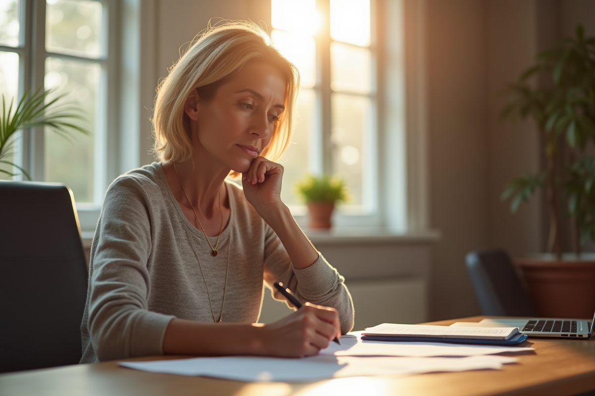 Femme d'âge moyen travaillant à un bureau en lumière naturelle