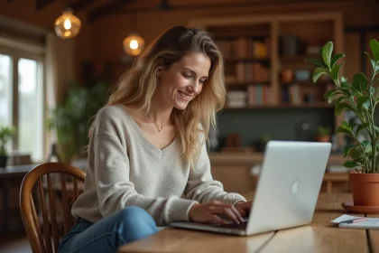 Femme assise &agrave; une table en int&eacute;rieur avec ordinateur portable