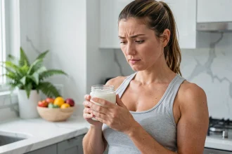 Femme tenant un yaourt Activia dans une cuisine moderne, expression dubitative sur la perte de poids