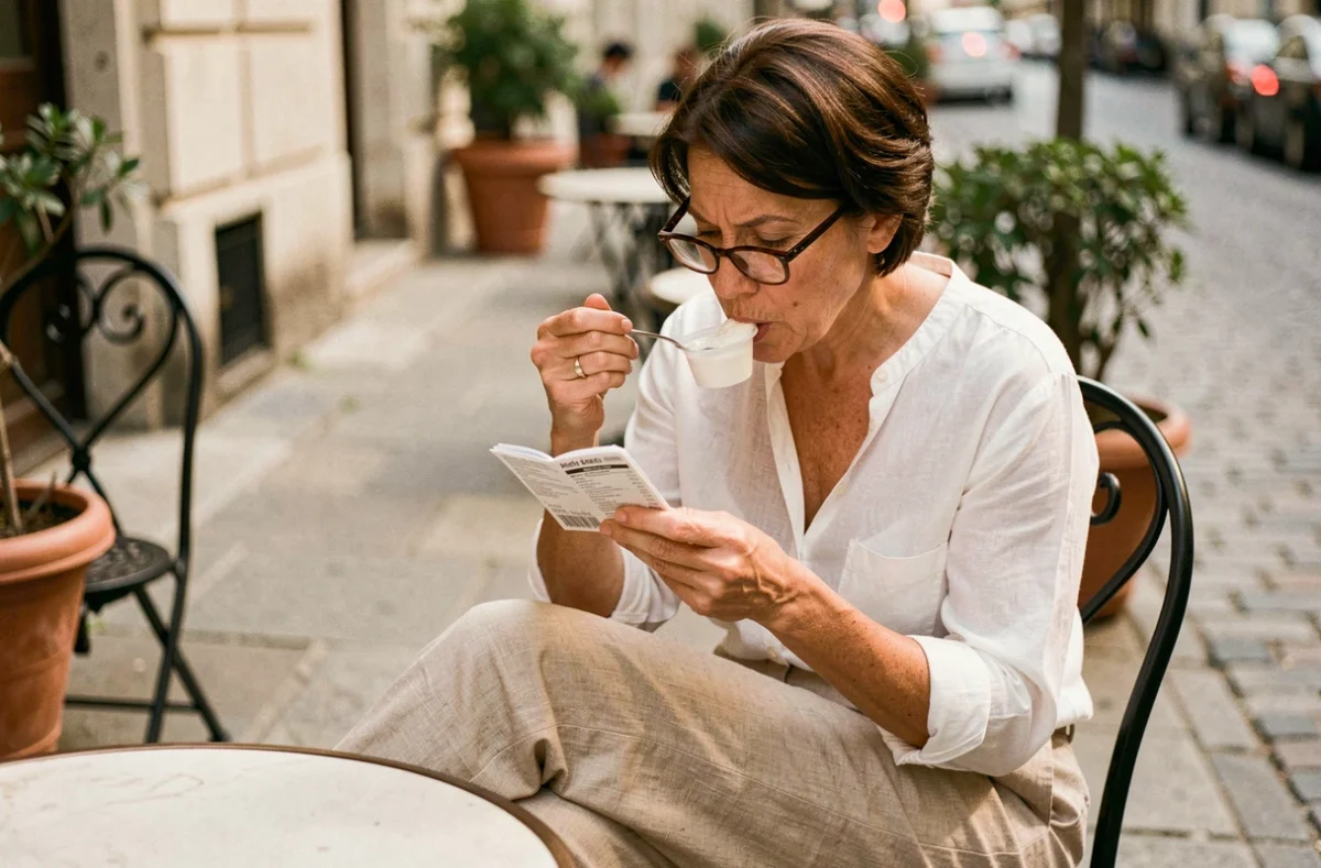 Femme d'âge mûr lisant une étiquette nutritionnelle en mangeant un yaourt en terrasse de café à Paris