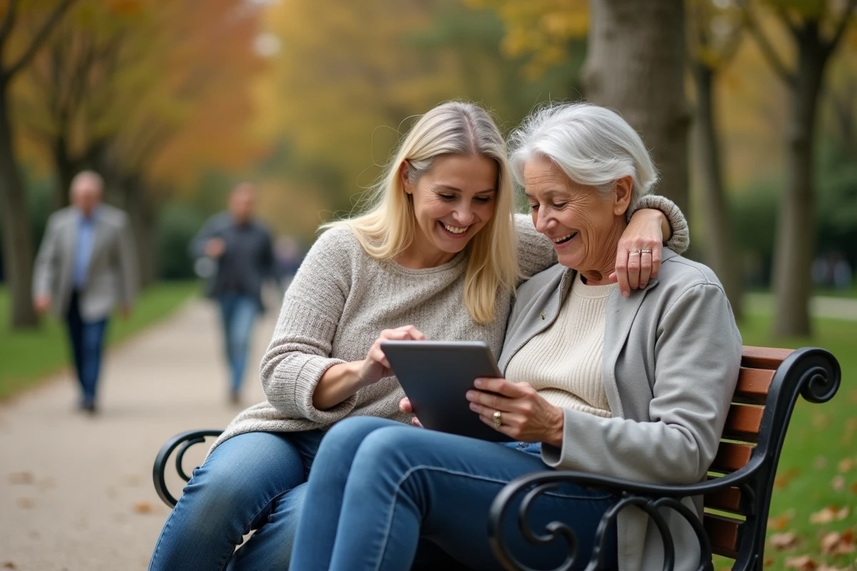 Deux femmes de morphologies différentes discutant d'un blog minceur sur une tablette dans un parc urbain en automne
