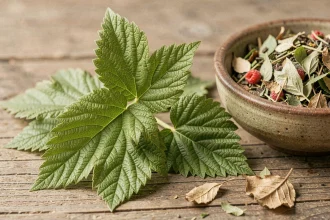 Feuilles de framboisier fraîches et séchées disposées sur une surface en bois rustique avec un bol en céramique contenant du thé aux feuilles de framboise