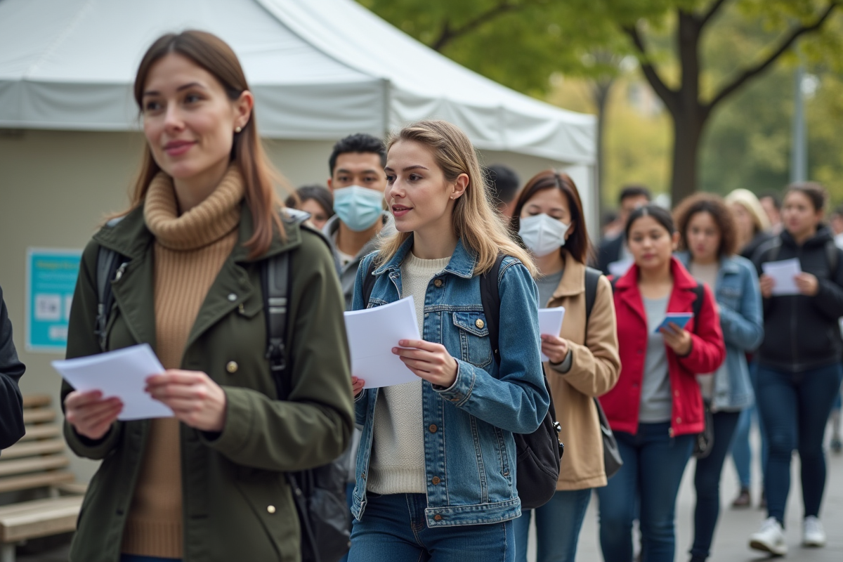 Groupe de personnes en file devant un centre de vaccination en plein air