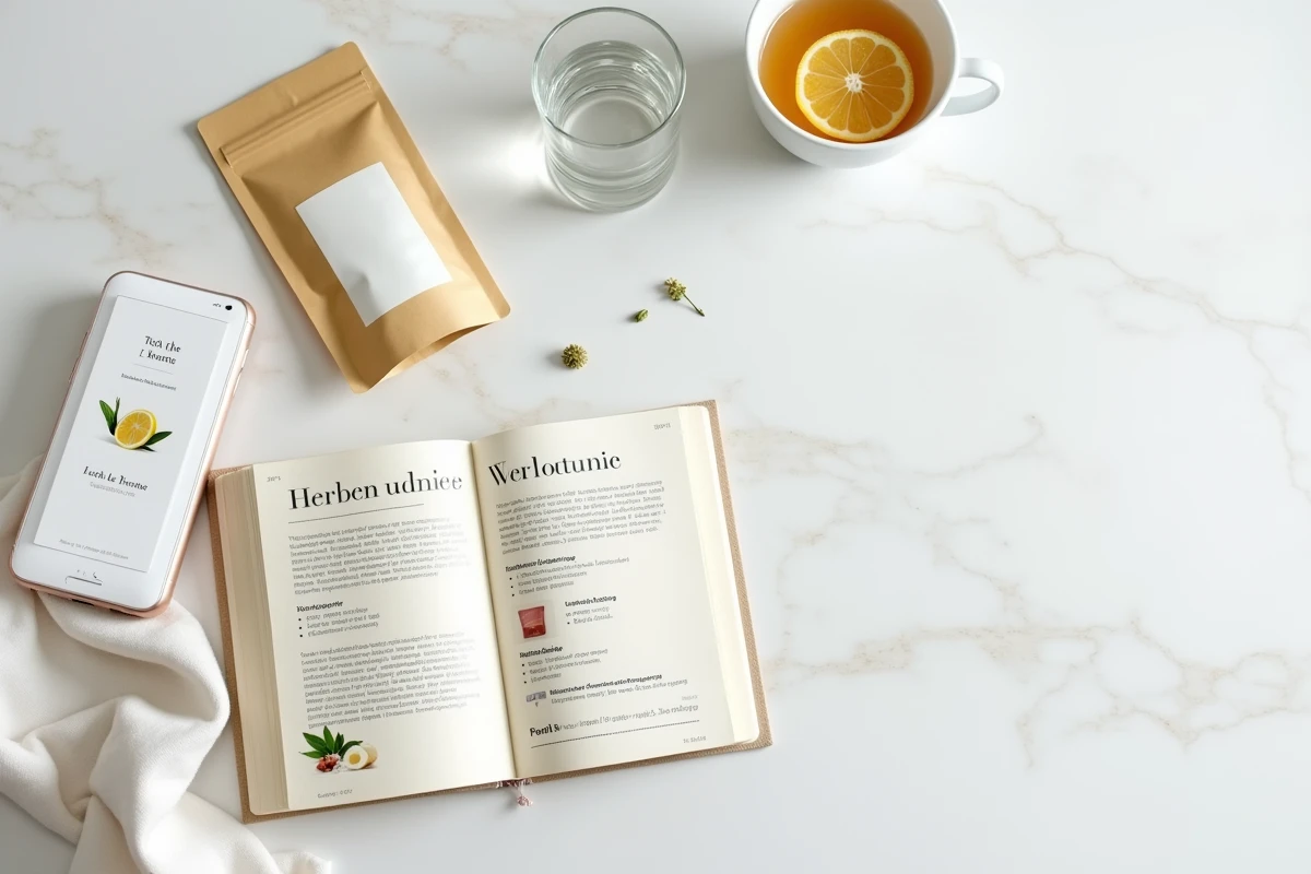 Présentation en flat lay d'un sachet de thé détox Lulutox avec un smartphone affichant une parapharmacie en ligne