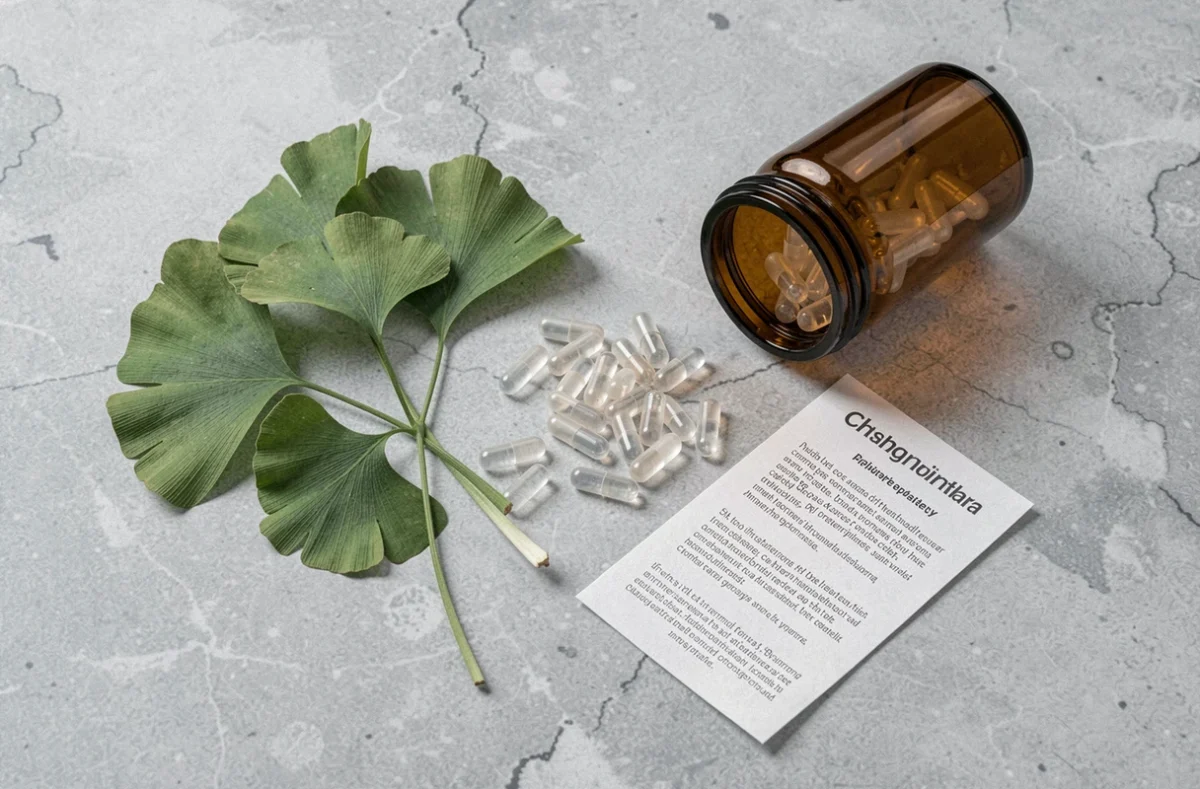 Vue en plat de capsules Optiloba et feuilles de ginkgo biloba fraîches sur fond de pierre grise, style éditorial santé