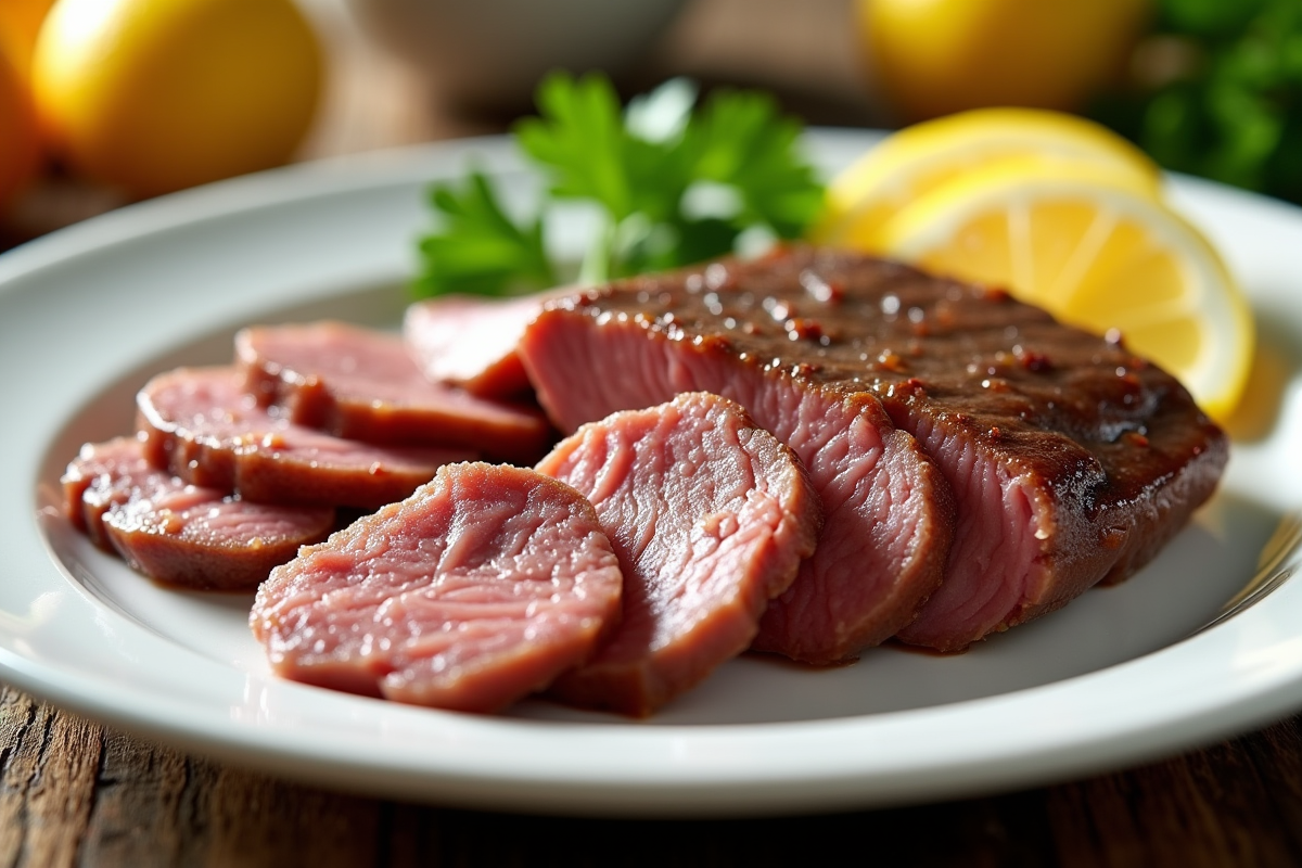 Foie de vache cuit tranché sur assiette avec persil et citron