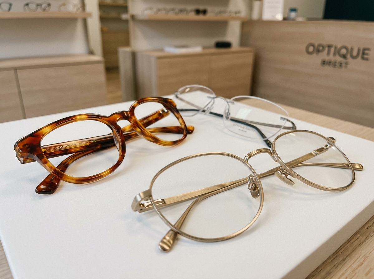 Gros plan sur des montures de lunettes tendance exposées dans une optique à Brest