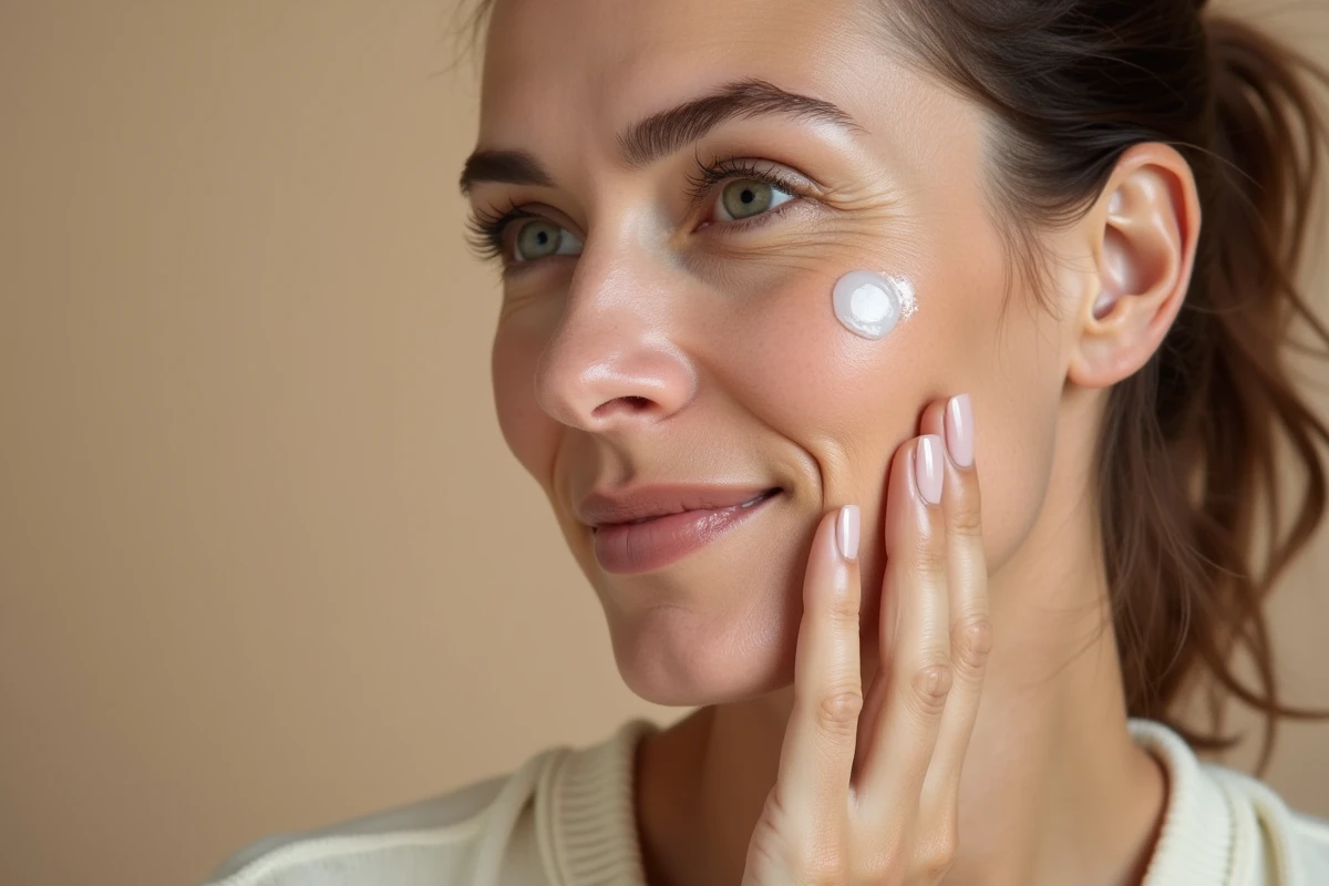 Gros plan sur la peau mature d'une femme avec rides visibles et application de gel Ialuset acide hyaluronique