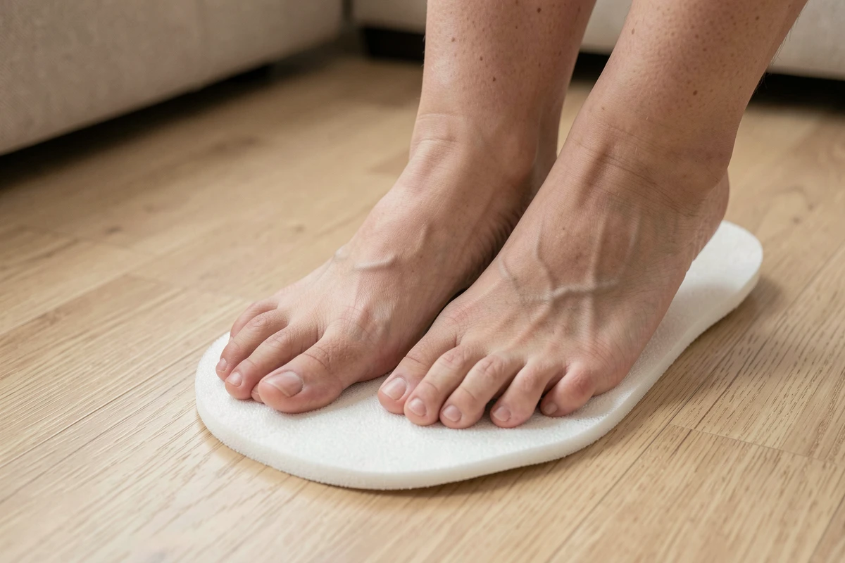 Gros plan de pieds posés sur une semelle orthopédique en mousse pour soulager la sensation de brûlure plantaire à domicile