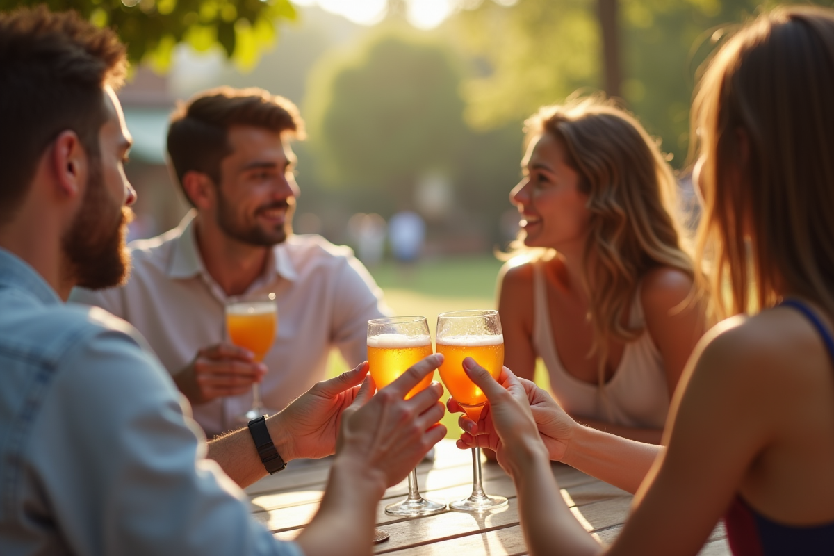 Amis en plein air avec une personne refusant une boisson