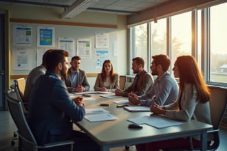 Groupe de personnes discutant des consignes de sécurité au bureau