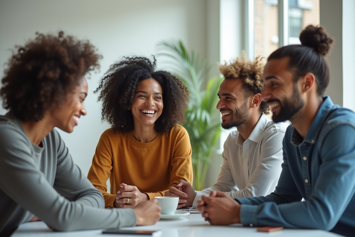 Groupe divers d'amis exprimant différentes émotions dans une salle lumineuse