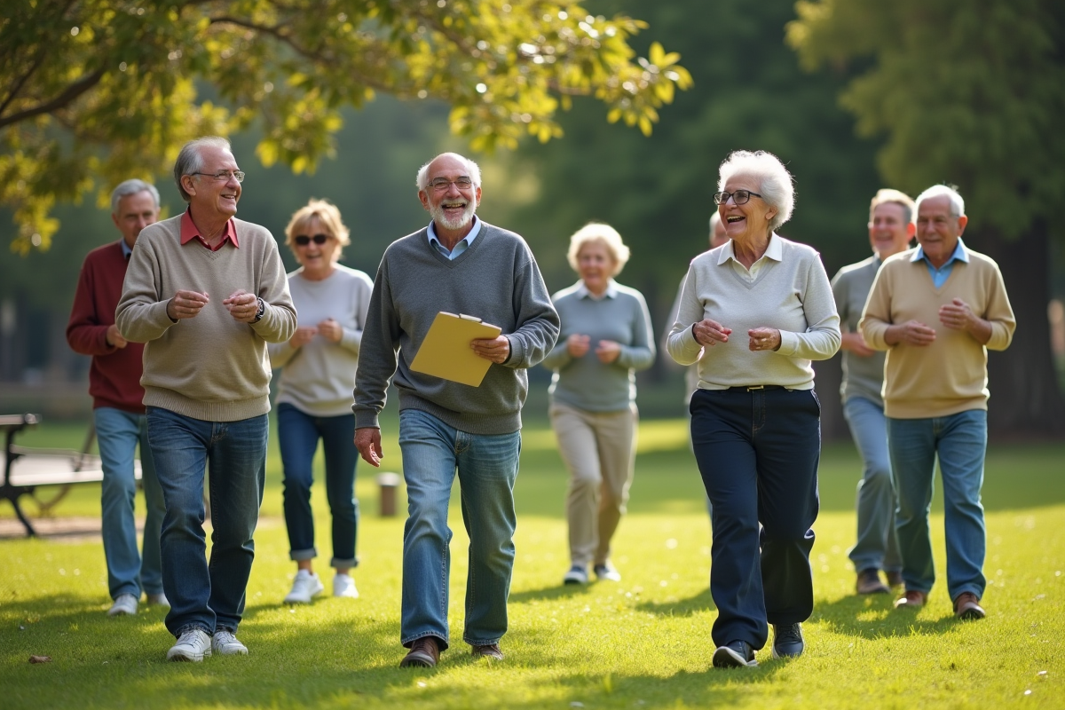 Groupe de seniors faisant une activité en plein air dans un parc