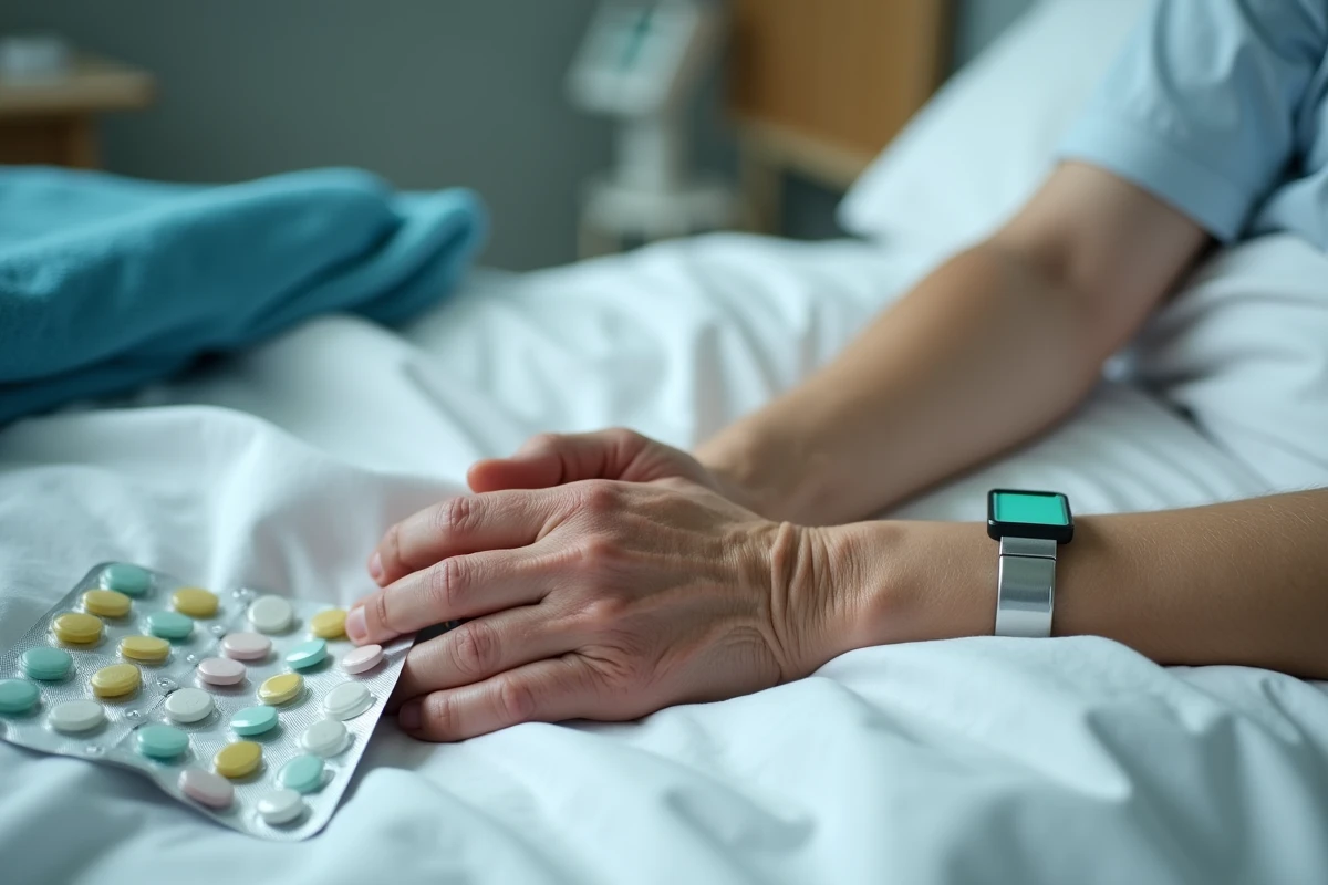 Gros plan d'un hématome en cours de guérison sur le bras d'une personne âgée avec des médicaments