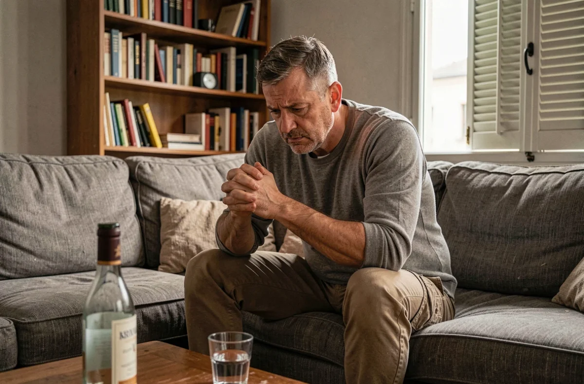 Homme anxieux assis sur un canapé face à une bouteille de Ricard, représentant l'impact de l'alcool sur l'anxiété et la santé mentale