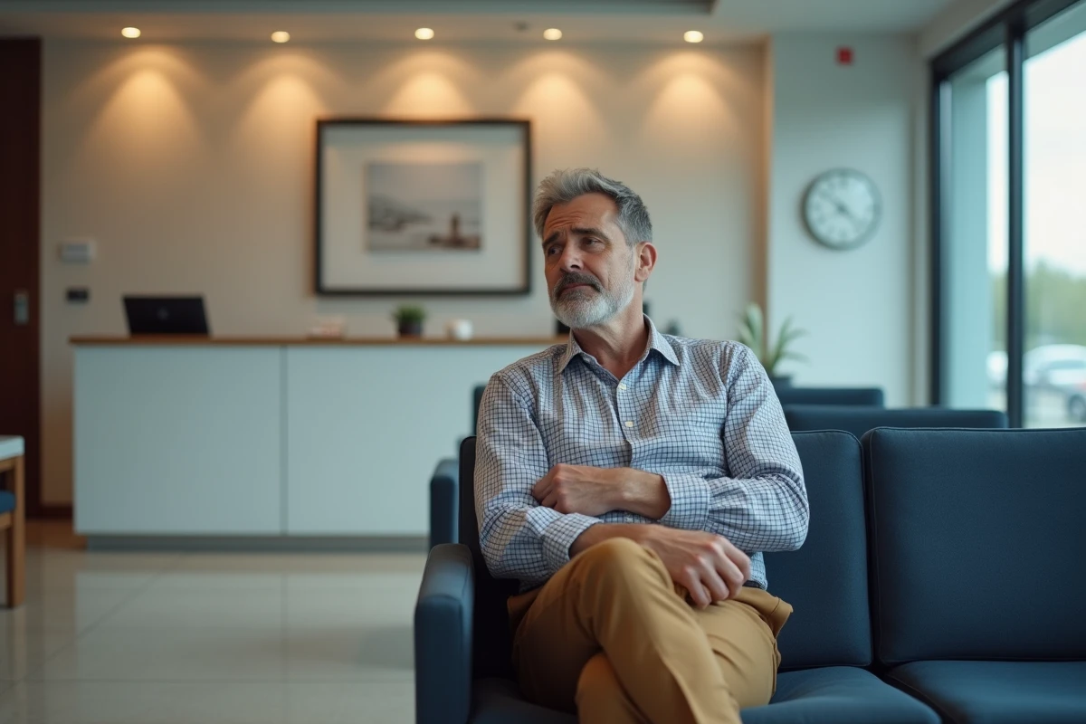 Homme en attente dans une clinique moderne