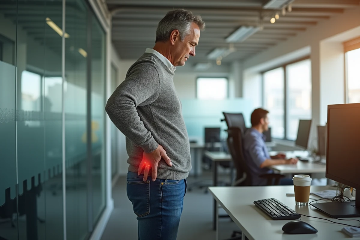 Homme massant derrière le genou dans un bureau moderne