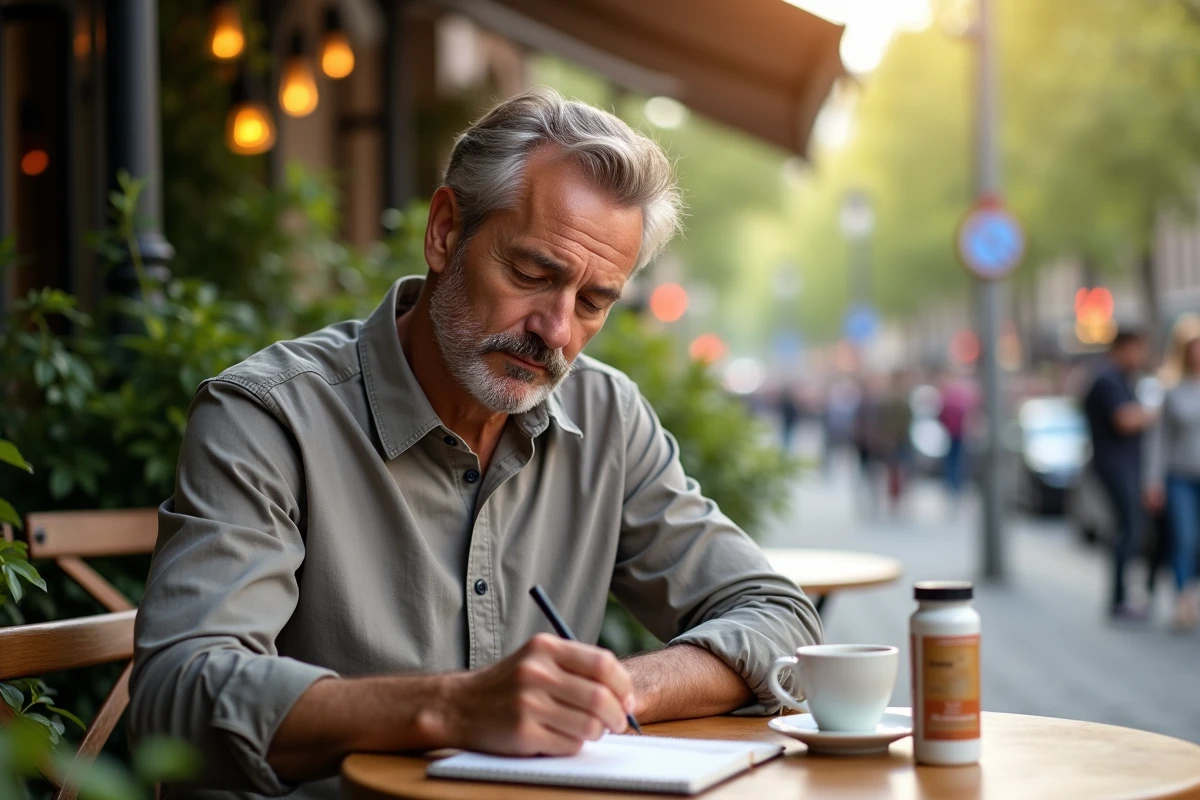 Homme prenant des notes au caf&eacute; avec bo&icirc;te de compl&eacute;ments
