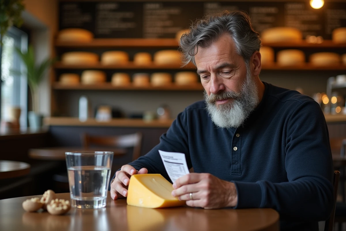 Homme lisant une étiquette nutritionnelle sur un fromage comté dans une fromagerie, pour un choix de fromage adapté au diabète
