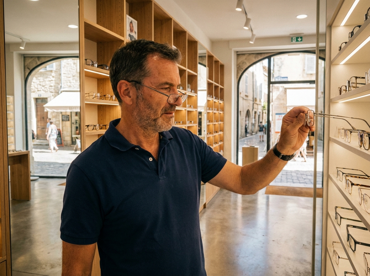 Homme choisissant des lunettes devant un présentoir dans une boutique optique lumineuse au cœur de Narbonne