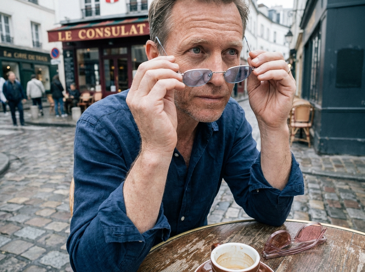 Homme comparant deux montures de lunettes aux couleurs différentes en terrasse de café parisien
