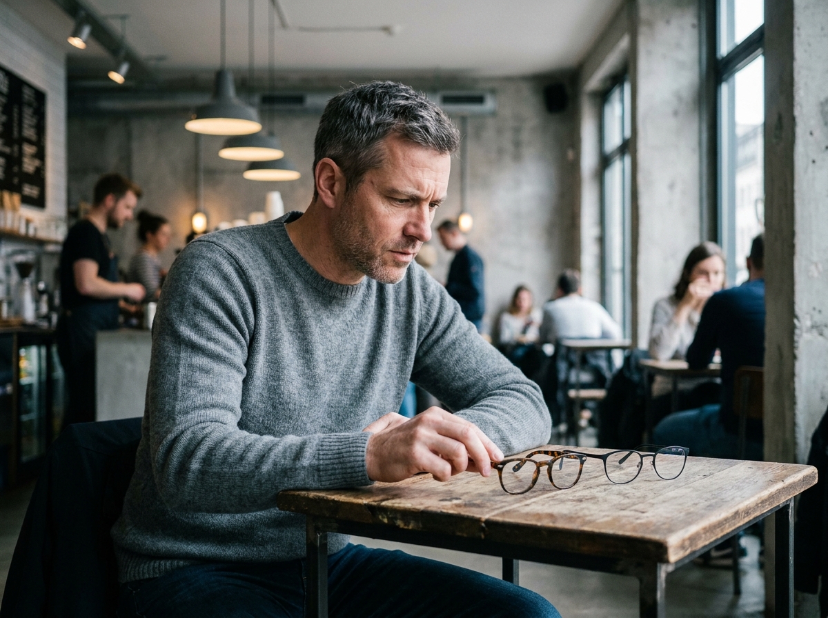 Homme comparant deux montures de lunettes de vue sur une table de café en ville