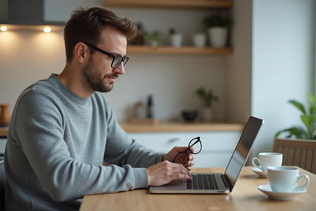 Homme comparant le poids et l'épaisseur de verres de lunettes sur un outil en ligne depuis son domicile